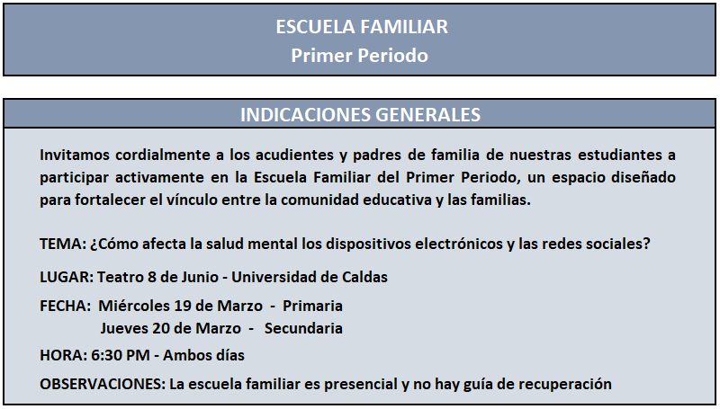 Invitación a la Escuela Familiar del Primer Periodo 2025